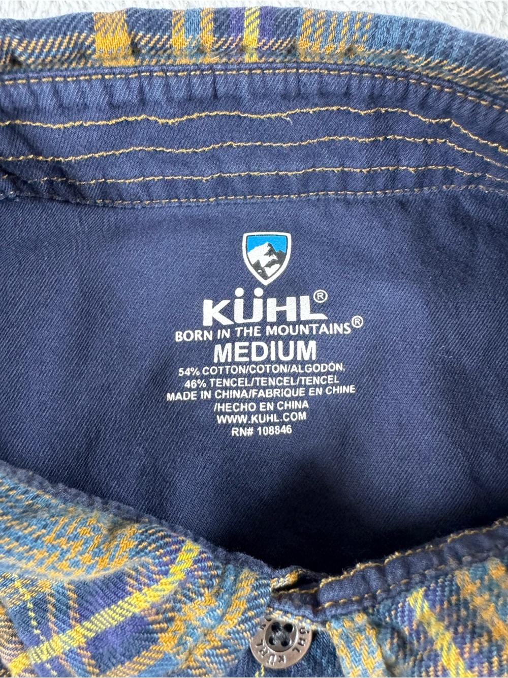 Kuhl Flannel Shirt‎ Medium Blue Yellow Plaid Button Up Outdoor Hiking - Picture 6 of 11